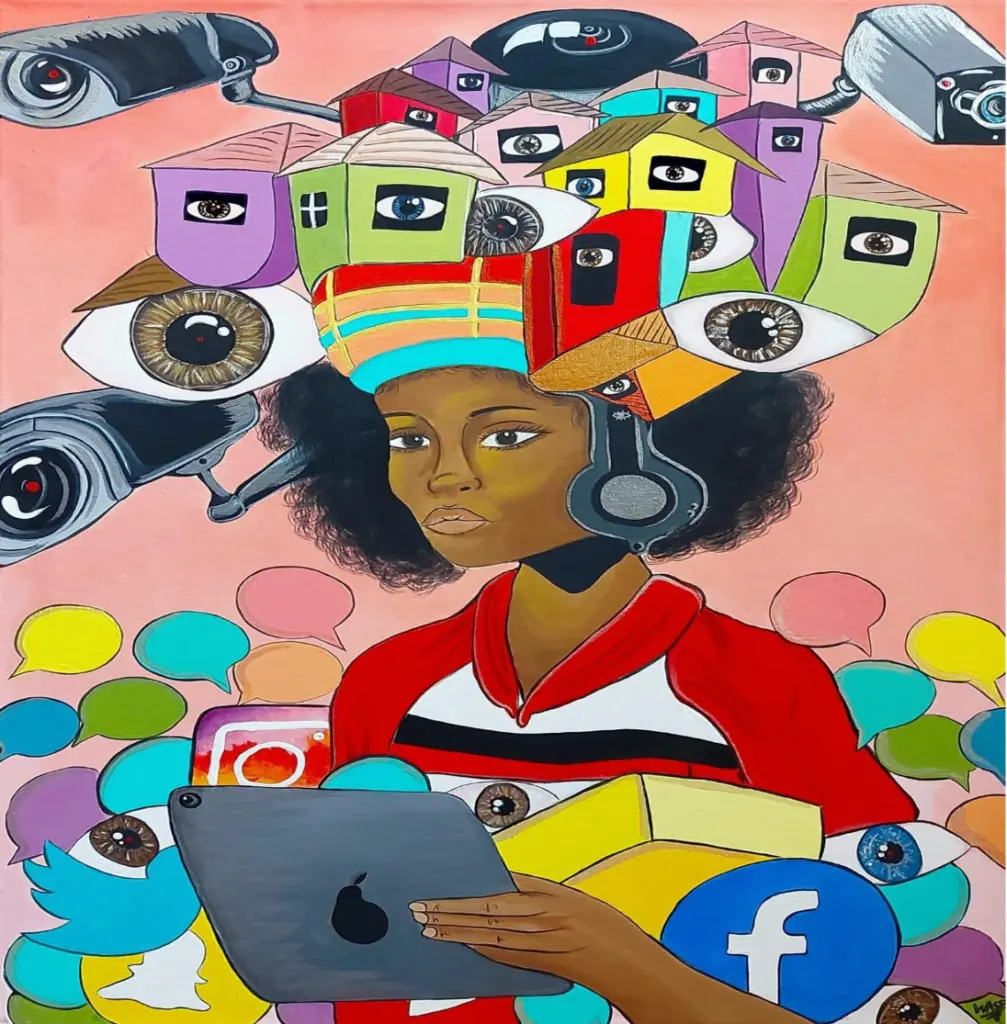 A painting of a woman of colour surrounded by eyes and cameras