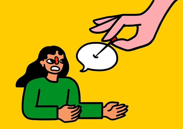 A figure on the right speaking, shown as a speech bubble - with a hand from above coming down to puncture the bubble with a pin.
